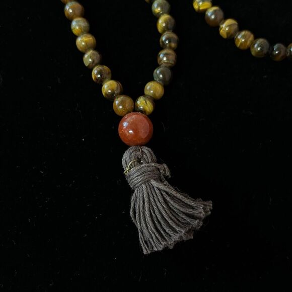 Vintage Tigers Eye and Orange Agate 32 inch Tassel Statement Necklace - Picture 4 of 6